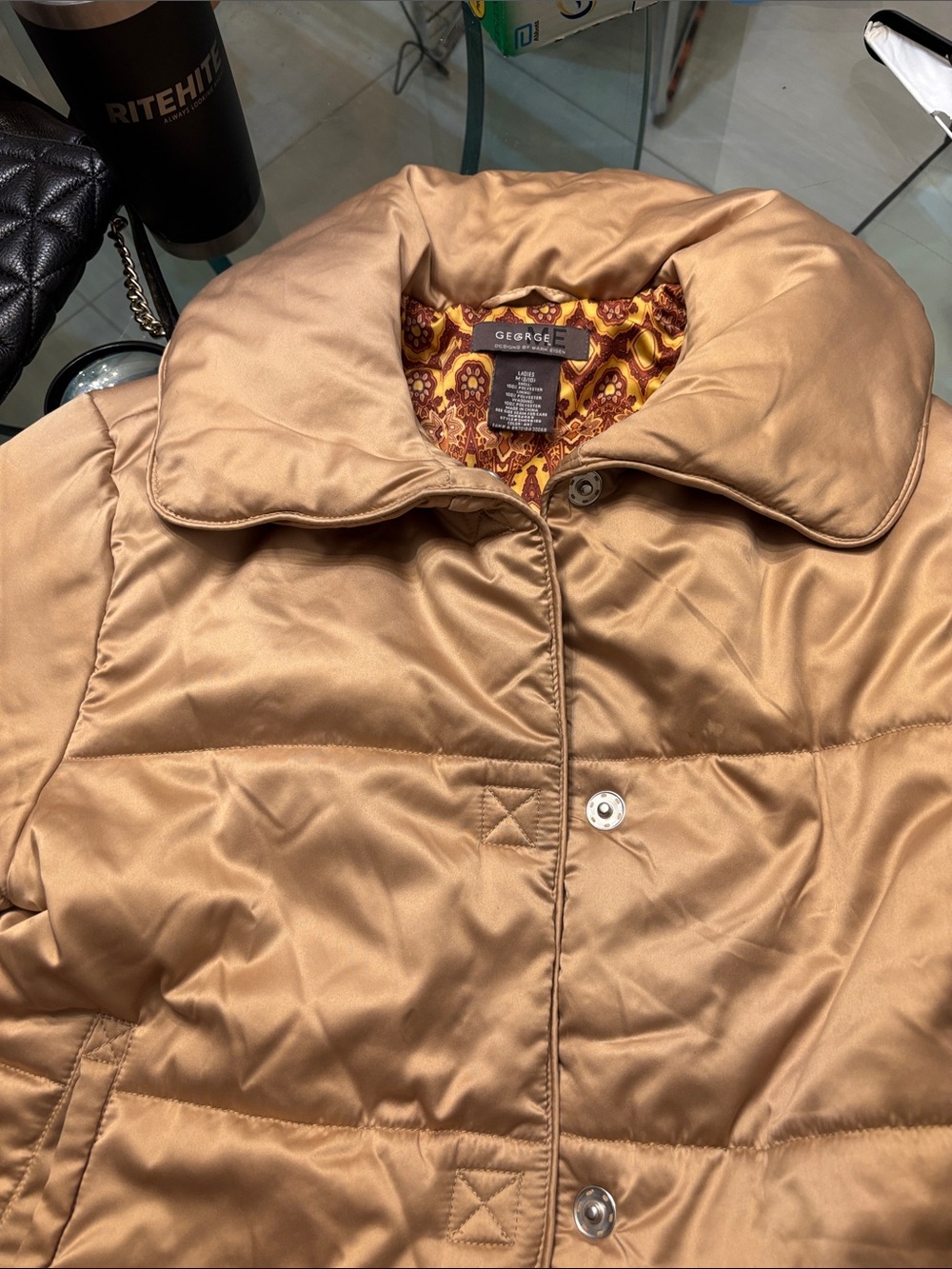 George Satin-Effect Quilted Puffer Jacket in Champagne/Gold, Snap Closure